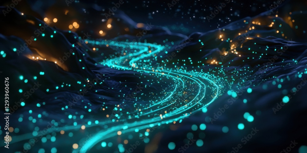 Poster a mesmerizing, illuminated river flows through a dark landscape, featuring glowing particles that cr