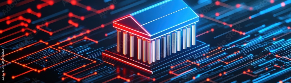 Poster a digital representation of a classical building amidst a circuit-like background, symbolizing the i
