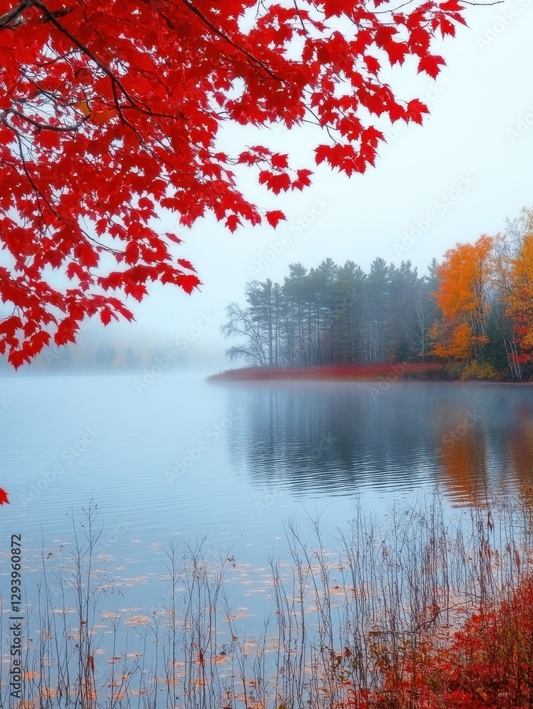 Poster serene autumn lake landscape with vibrant red maple leaves and misty background creating a tranquil 