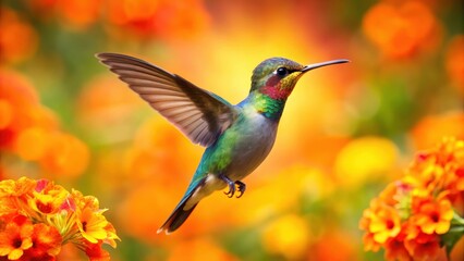 Fototapeta premium Iridescent hummingbird suspended mid-air, its tiny body glowing against a kaleidoscope of vibrant orange and yellow flowers