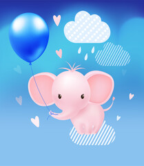Adorable pink elephant calf with balloon on cloud flat color vector illustration. Sweet animal radiating love and joy on blue background