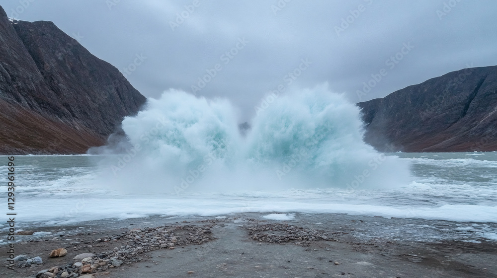 Aufkleber crashing waves against rocky shore under a cloudy sky