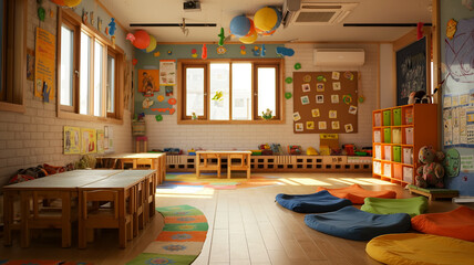 Joyful Classroom: A bright and inviting classroom with child-sized furniture and decorations, creating a cheerful learning environment and stimulating imagination. 