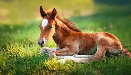 A solitary colt basks in the soft glow of a golden sunset amidst verdant grasslands, showcasing tranquility and serenity in an idyllic rural setting.