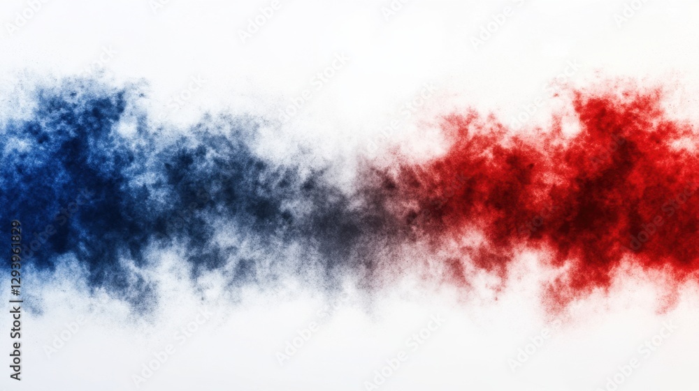 Poster abstract vibrant explosion of blue and red powder against white backdrop creating dynamic visual imp