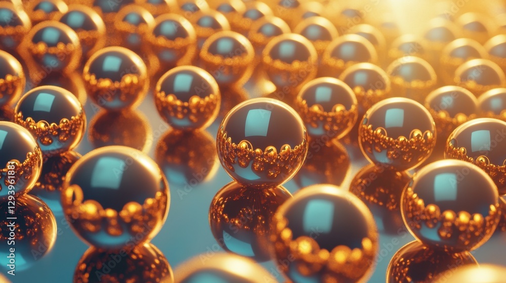 Poster glossy bronze spheres scattered on a smooth reflective surface, creating a futuristic and elegant vi