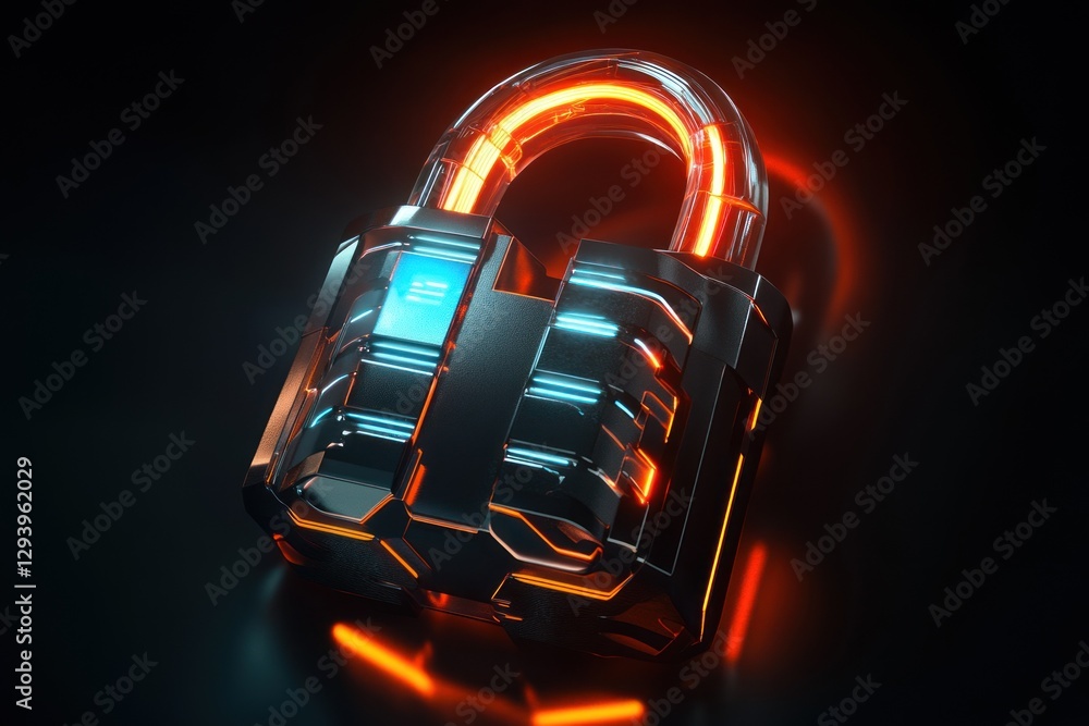 Poster futuristic bright and colorful padlock glowing on dark background. concept of security and encryptio