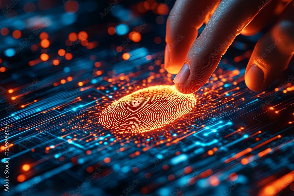 Aufkleber exploring digital fingerprint technology with glowing patterns in a futuristic setting