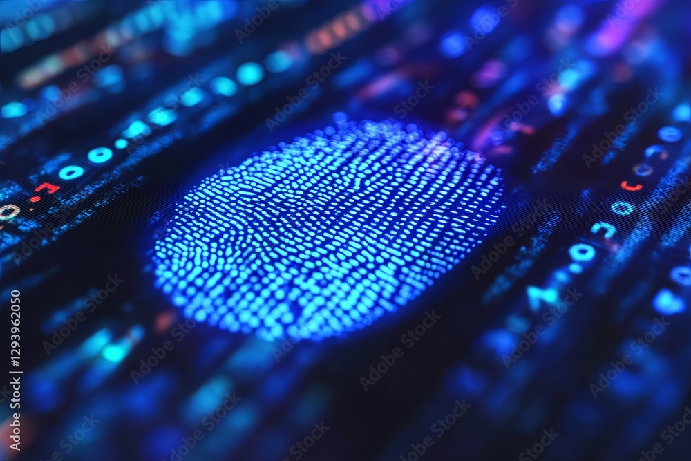 Poster fingerprint patterns illuminated by digital technology showcasing security and identification concep