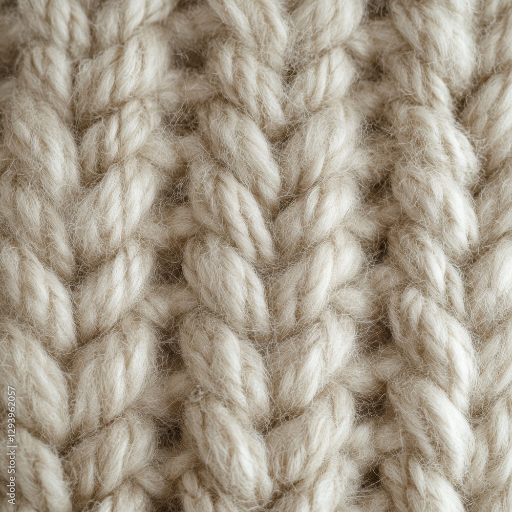 Poster detailed macro view of hand knitted cream wool fabric capturing the texture and warmth of craftsmans