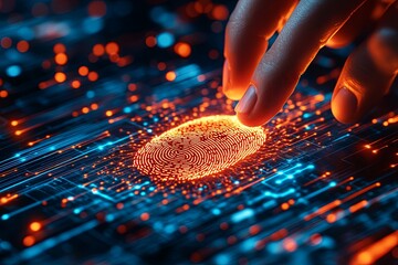 Exploring digital fingerprint technology with glowing patterns in a futuristic setting