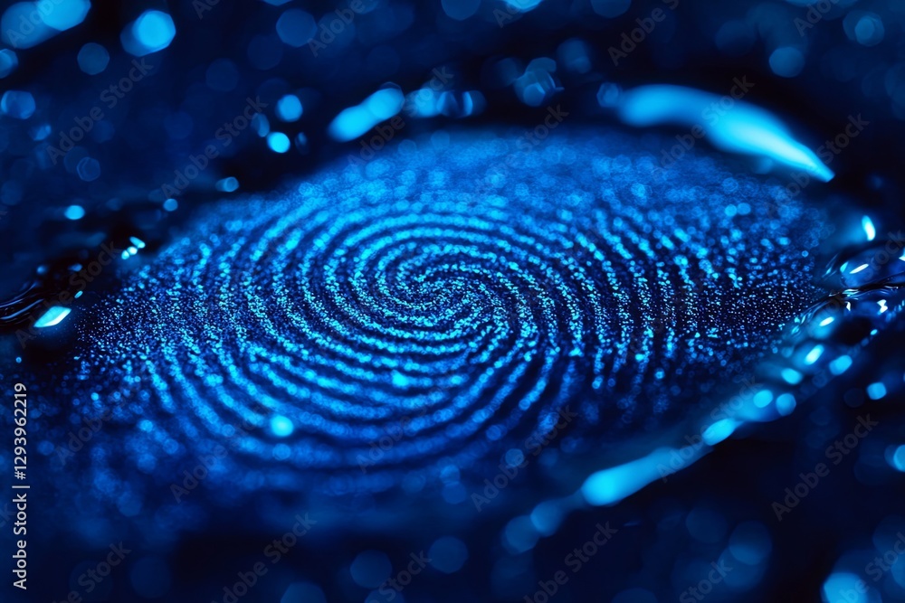 Poster detailed view of a fingerprint illuminated in blue light revealing intricate patterns and textures
