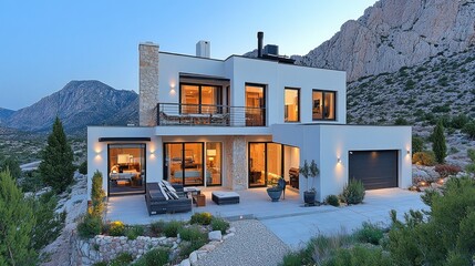Modern luxury villa at dusk, mountain view, spacious patio.