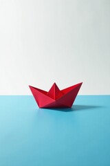 A crimson paper boat floats serenely on a tranquil blue surface, a minimalist study in color and form, suggesting dreams of adventure and exploration.