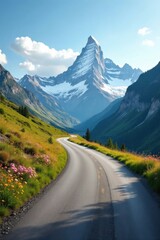 Fototapeta premium Asphalt ribbon winding through vibrant alpine meadows towards a majestic snow-capped peak under a brilliant sunlit sky