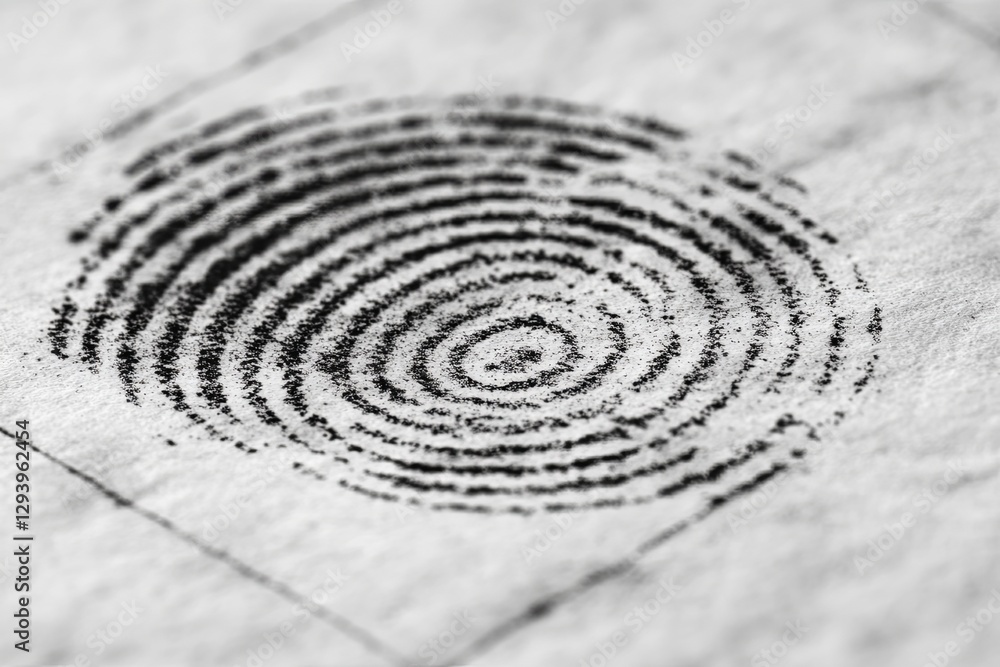 Poster fingerprint pattern taken on white paper in a forensic analysis setting to identify individuals with