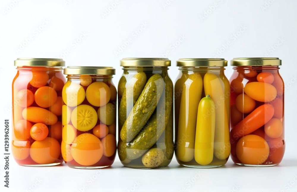 Aufkleber pickles and various vegetables are arranged neatly in transparent jars on a clean white background f