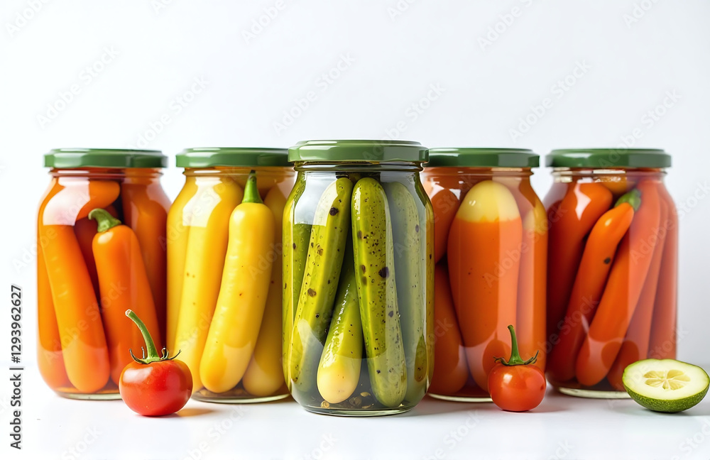 Aufkleber Pickles And Various Vegetables Are Arranged Neatly In Transparent Jars On A Clean White Background For Display Purposes.
