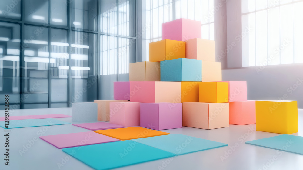 Poster colorful blocks arranged in a pyramid shape in a bright, modern space