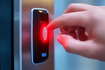 Finger pressing fingerprint scanner for secure access to restricted area in modern building