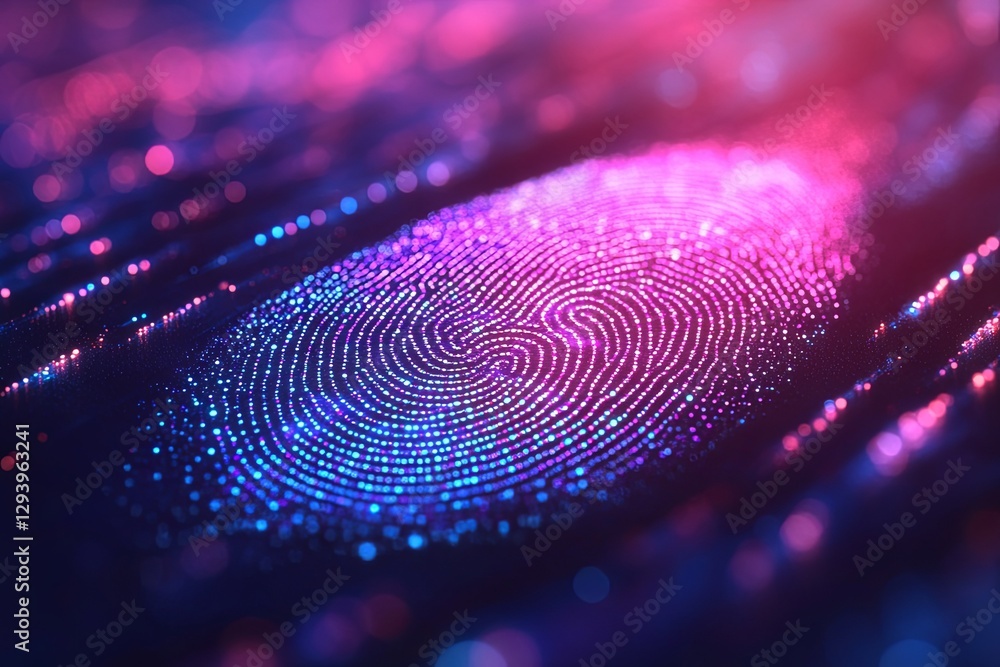 Poster fingerprint pattern illuminated with vibrant colors against a dark background showcasing intricate d