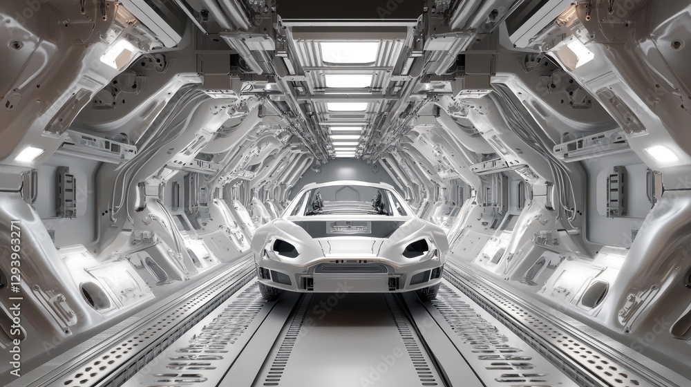 Poster automated assembly line with robotic welding systems constructing durable car frames.