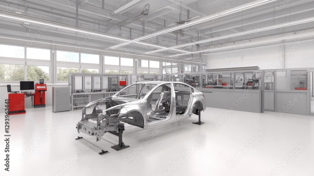 Poster automated assembly line with robotic welding systems constructing durable car frames.
