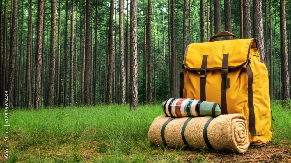 Poster a yellow backpack and rolled blankets in a forest setting