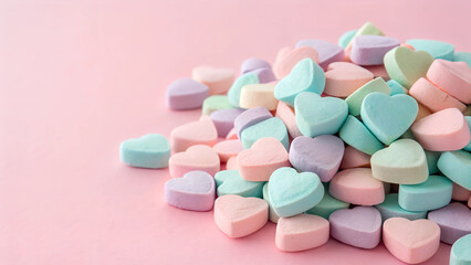 Colorful heart-shaped candies stacked on a pink background