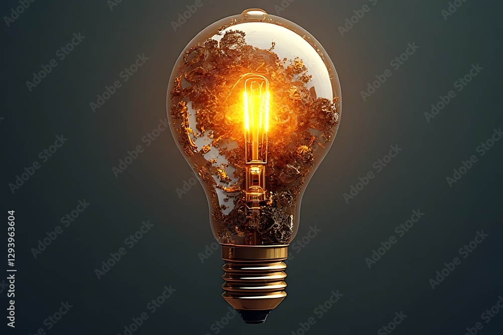 Poster bright filament glows within a uniquely decorated lightbulb on dark backdrop.