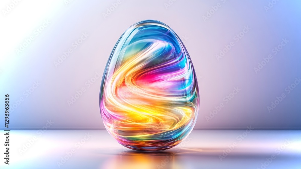 Poster colorful swirling patterns captured within a translucent egg-shaped structure in bright light