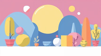 Colorful abstract illustration featuring geometric shapes and plants in a playful style
