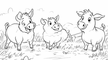 Obraz premium Illustration of Smiling Pigs Standing in Field Outline Coloring Page