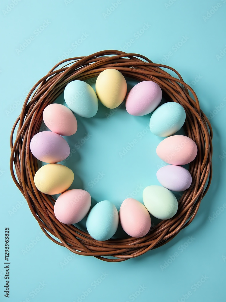 Poster pastel easter eggs are arranged on a wicker wreath against a light blue background in a creative spr