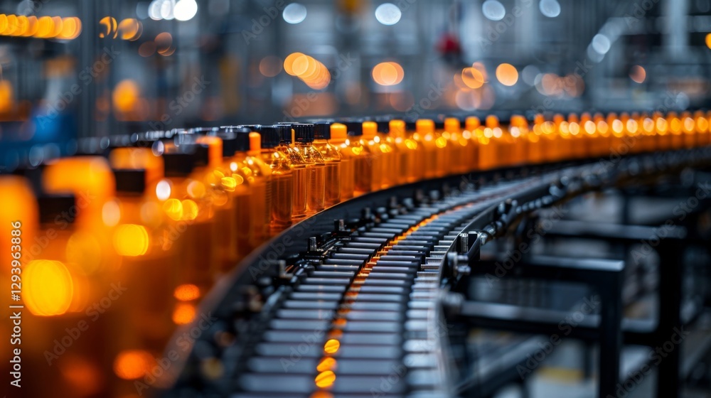 Poster a conveyor belt showcases amber bottles moving through a busy beverage production facility, illumina