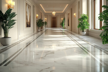 a luxurious and elegant hallway in a classic style. The floor is made of white marble with gray veins and neat geometric lines along the passage. 