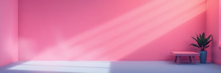 Fototapeta premium Bright minimalist interior with pink walls, a table, and a potted plant in soft light