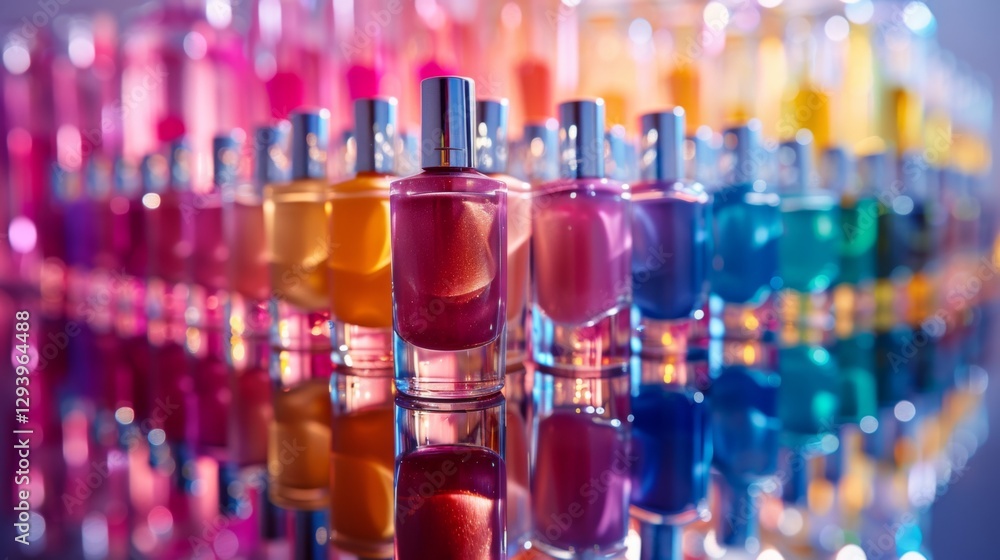 Aufkleber A display of various nail polish bottles in bright colors is arranged neatly on a reflective surface.