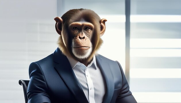 Monkey in Corporate Office Environment A Surprising Blend of Nature and Business, Showcasing Playful Creativity and Humor.