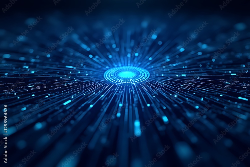 Poster centralized data processing system sends radiant signals with a vibrant blue hue.