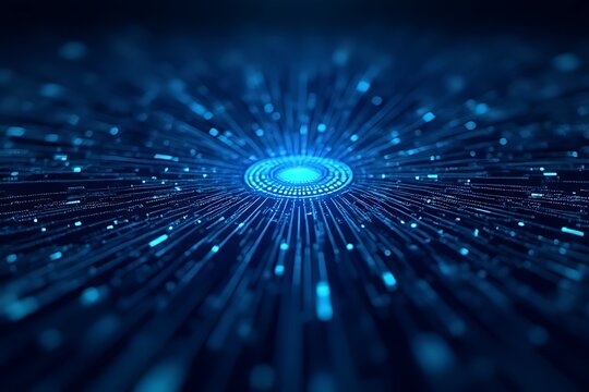 centralized data processing system sends radiant signals with a vibrant blue hue.
