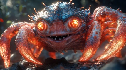 Fiery, spiky creature with glowing eyes, crab-like legs, and toothy grin.