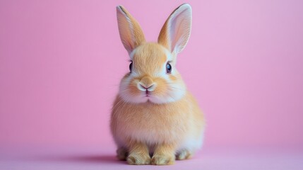 Obraz premium Cute orange bunny rabbit sitting on pink background.