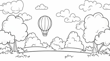 Hot Air Balloon Flying Over Landscape Sketch with Trees and Clouds
