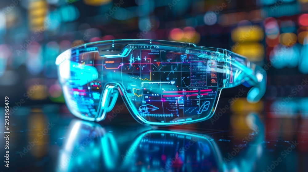 Poster Smart glasses with a transparent display are placed on a sleek surface, displaying vibrant digital information and graphs, highlighting innovation in wearable technology.