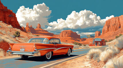 Classic car on desert highway, roadside diner