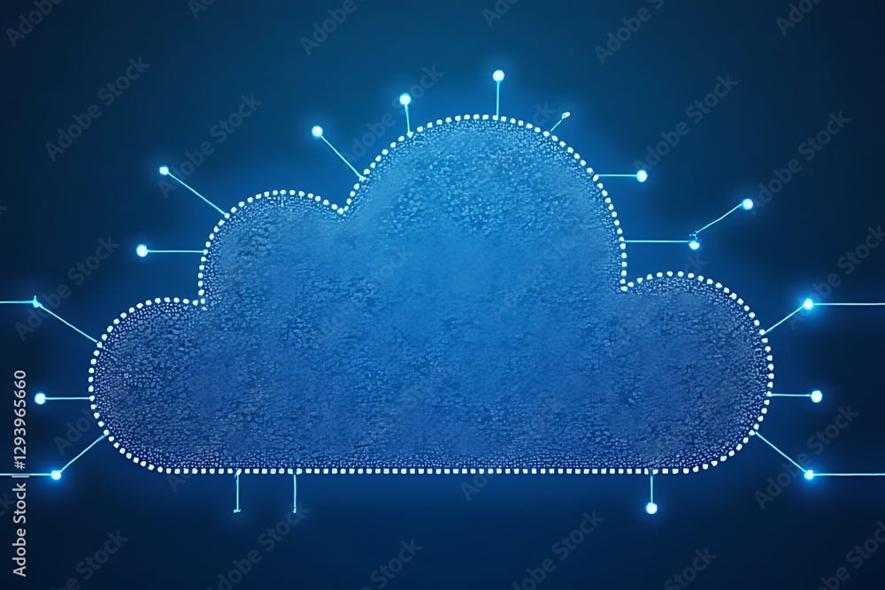 Poster cloud-shaped network of glowing nodes represents data in the cloud.
