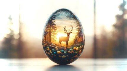 Fototapeta premium Colorful egg with a deer silhouette against a sunset in a natural setting