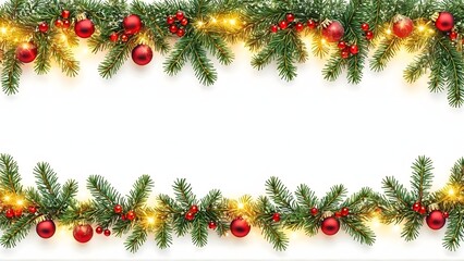 Festive Garland Banner: a symmetrical top and bottom border, featuring a garland of lush evergreen branches, adorned with radiant golden fairy lights and shimmering red ornaments, Generative Ai