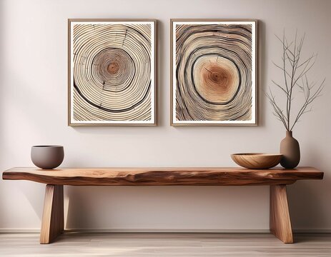 a modern wooden bench with two framed wall art prints simple tree ring designs in soft neutral tone